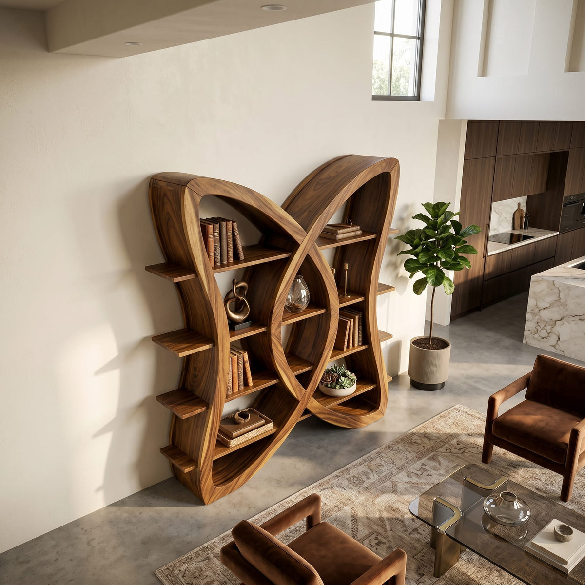 Butterfly Inspired Wooden Bookcase in Organic Style, solid wood, built to order