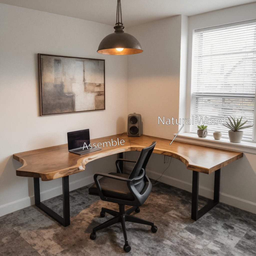 Live Edge L Shaped Desk with Metal Legs, solid wood, built to order