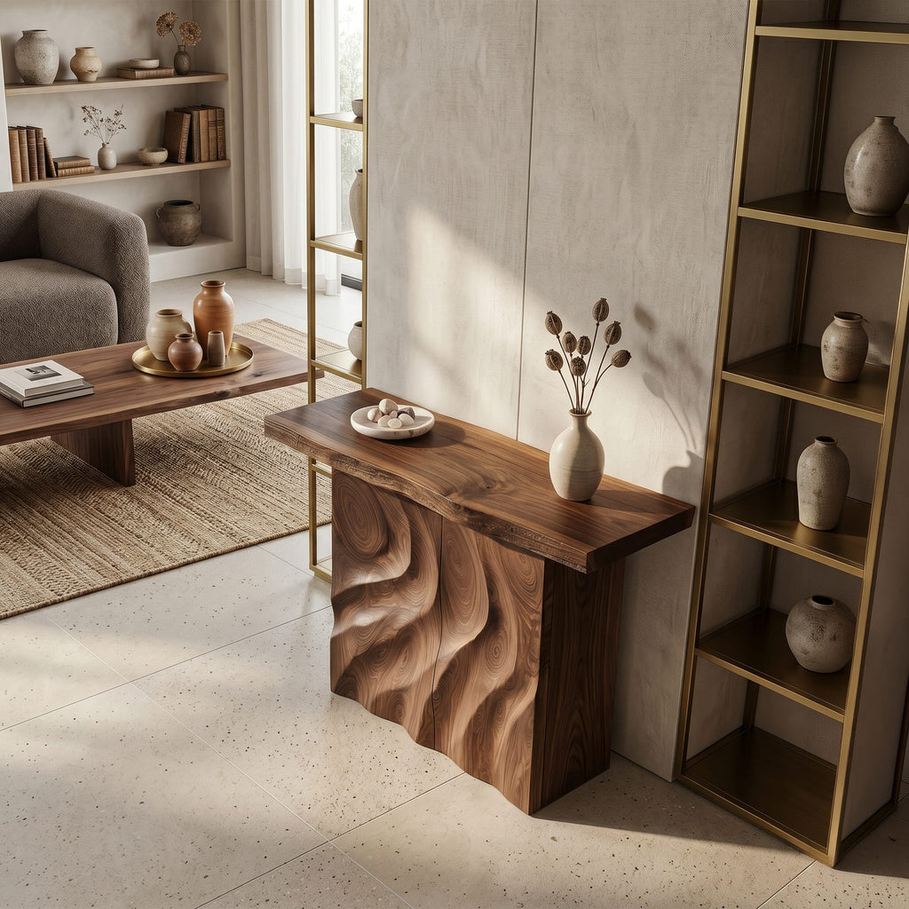 Mid Century Sculpted Base Console Table for Reception Area, solid wood, built to order