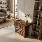 Mid Century Sculpted Base Console Table for Reception Area, solid wood, built to order