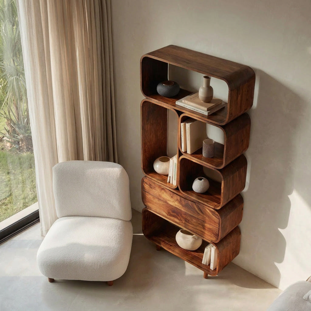Mid Century Solid Bookshelf with Drawer Storage, solid wood, built to order