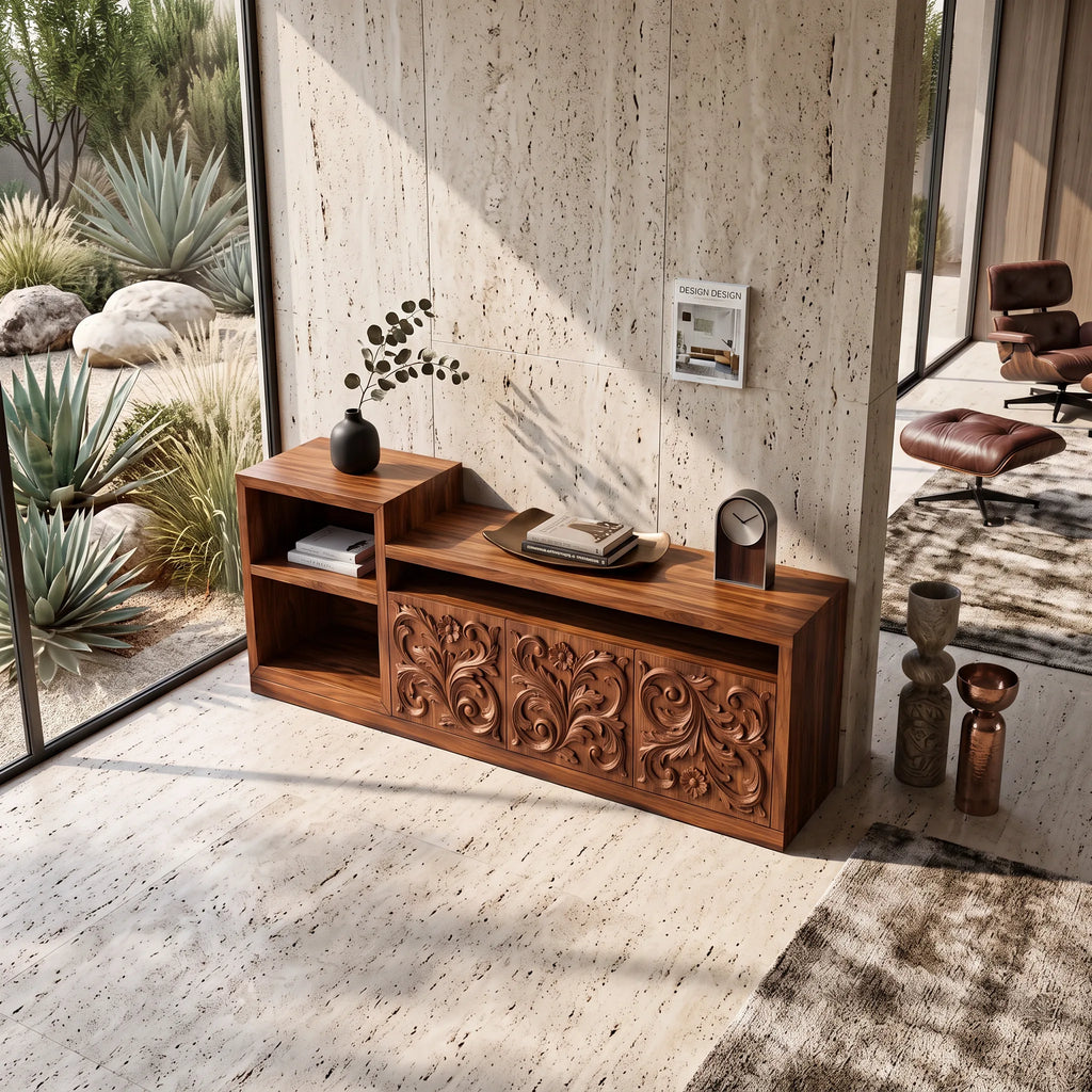 Organic Low Wave Carved Credenza Modern Living Room, solid wood, built to order, view 7