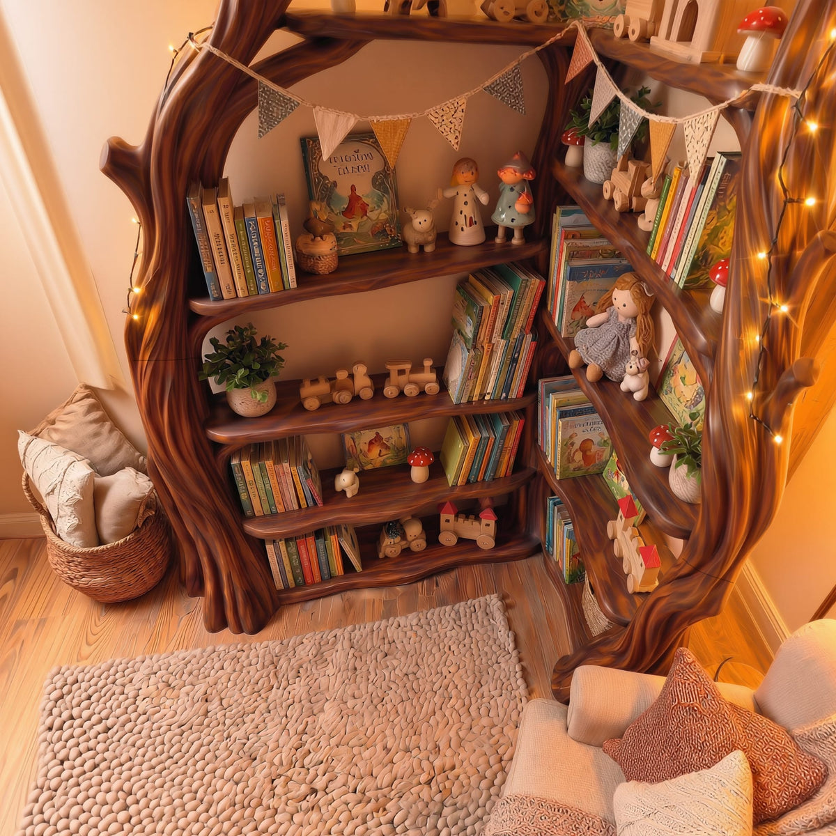 Tree Wall Bookshelf Corner Storage Bookcase Wooden Display Shelf, solid wood, built to order