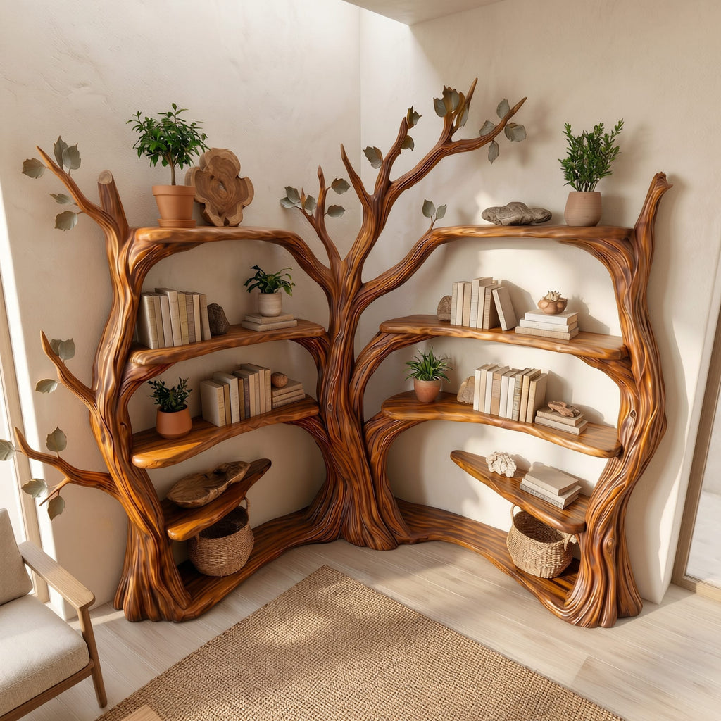 Tree Corner Bookshelf, solid wood, built to order