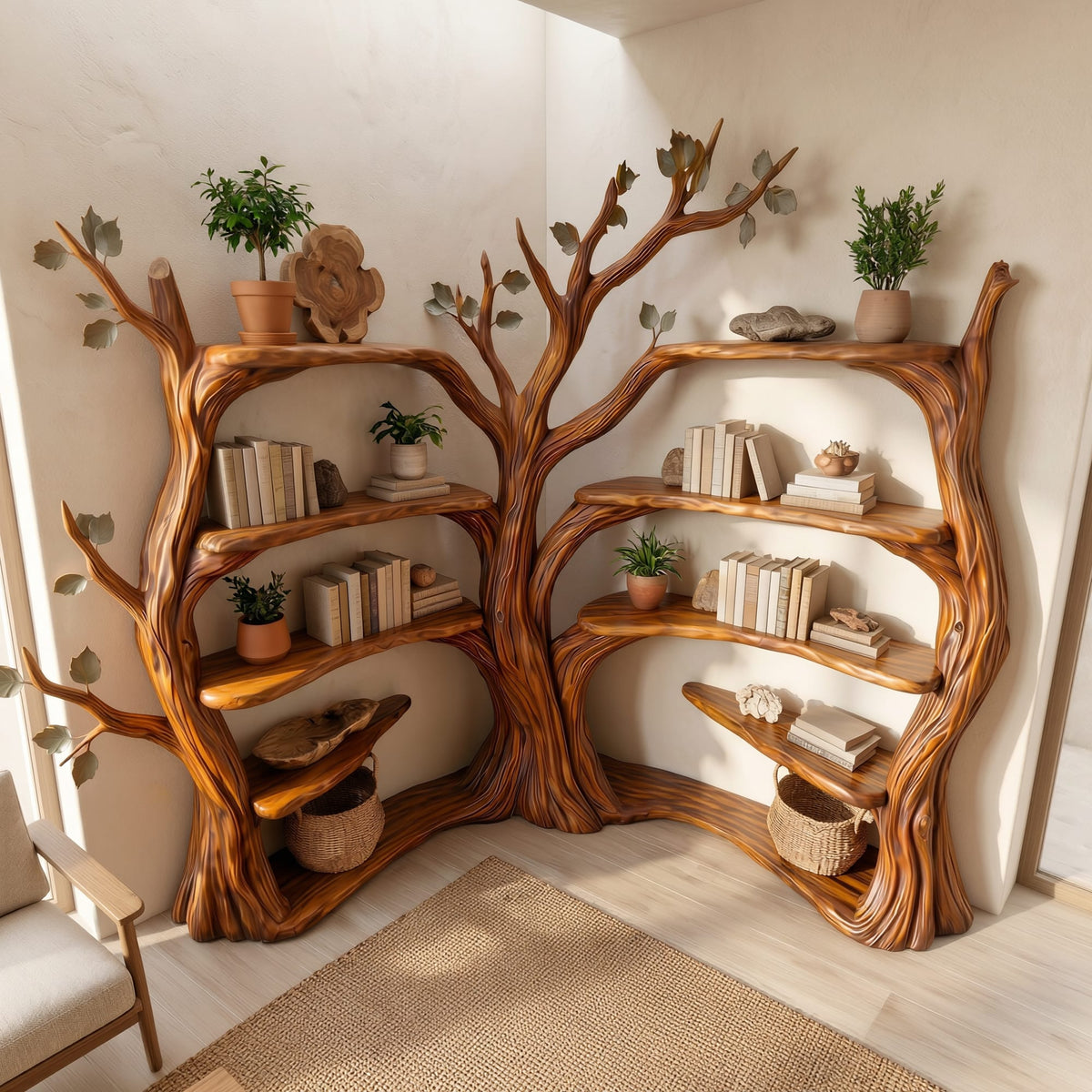 Tree Corner Bookshelf, solid wood, built to order