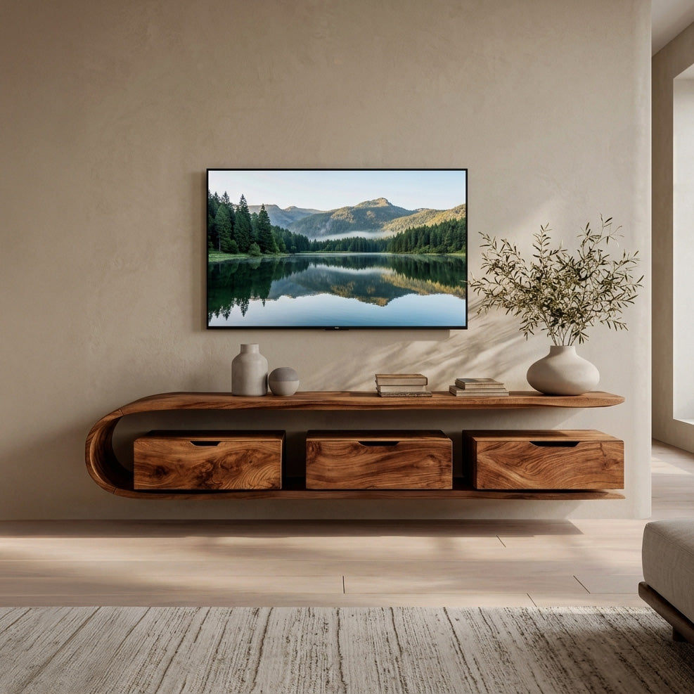 Minimal Curved Floating TV Console with Drawers, solid wood, built to order, view 2