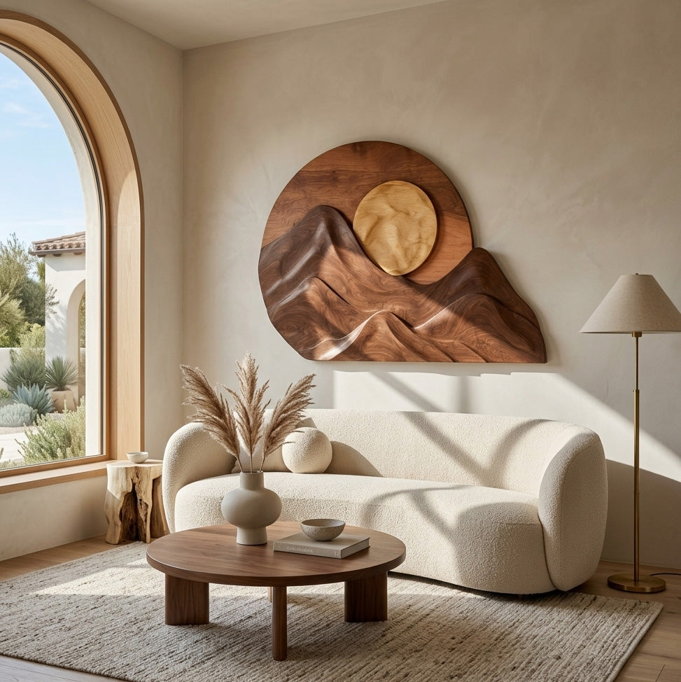 Handcrafted Mountain Sun Wall Art, solid wood, built to order