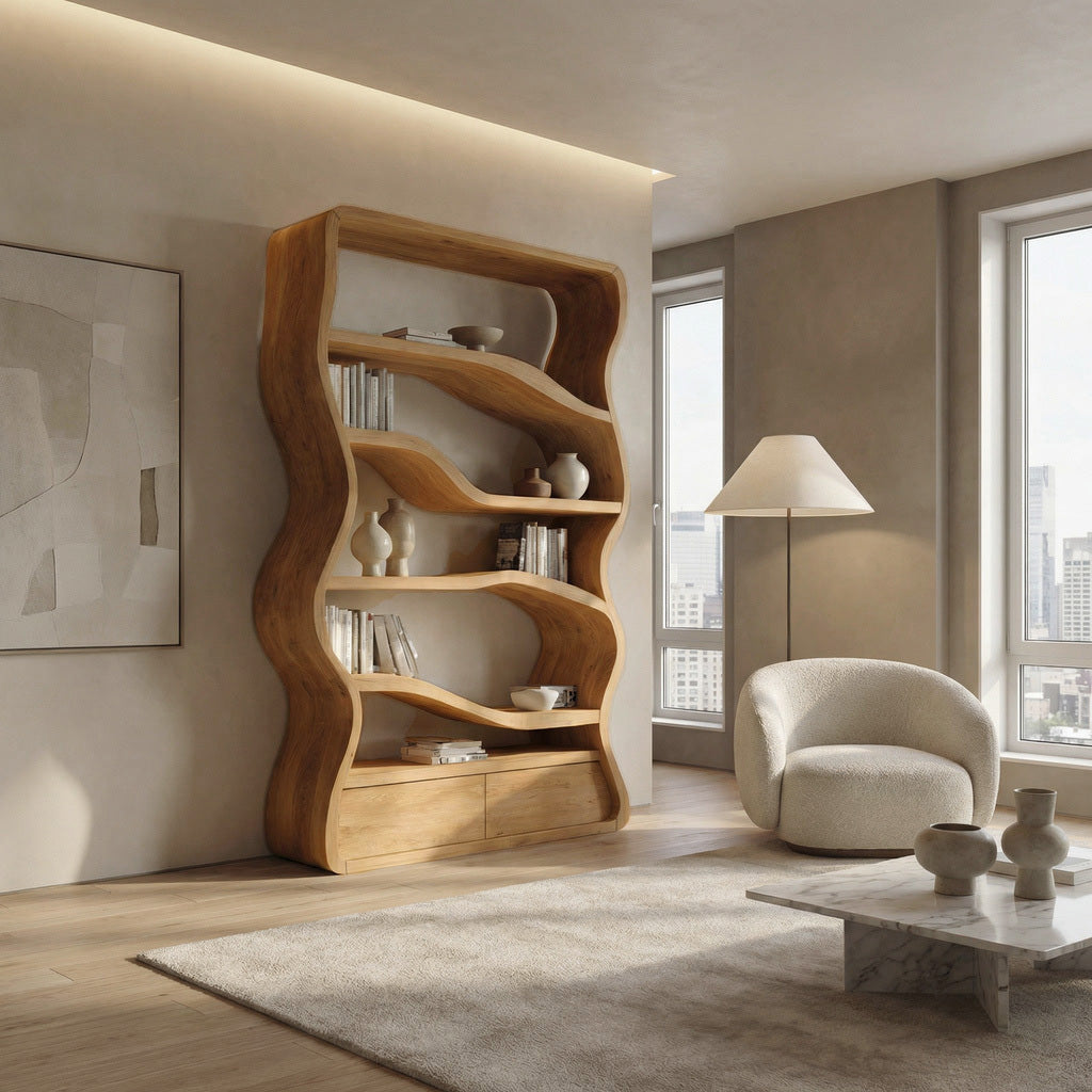 Modern Curved Bookshelf, solid wood, built to order