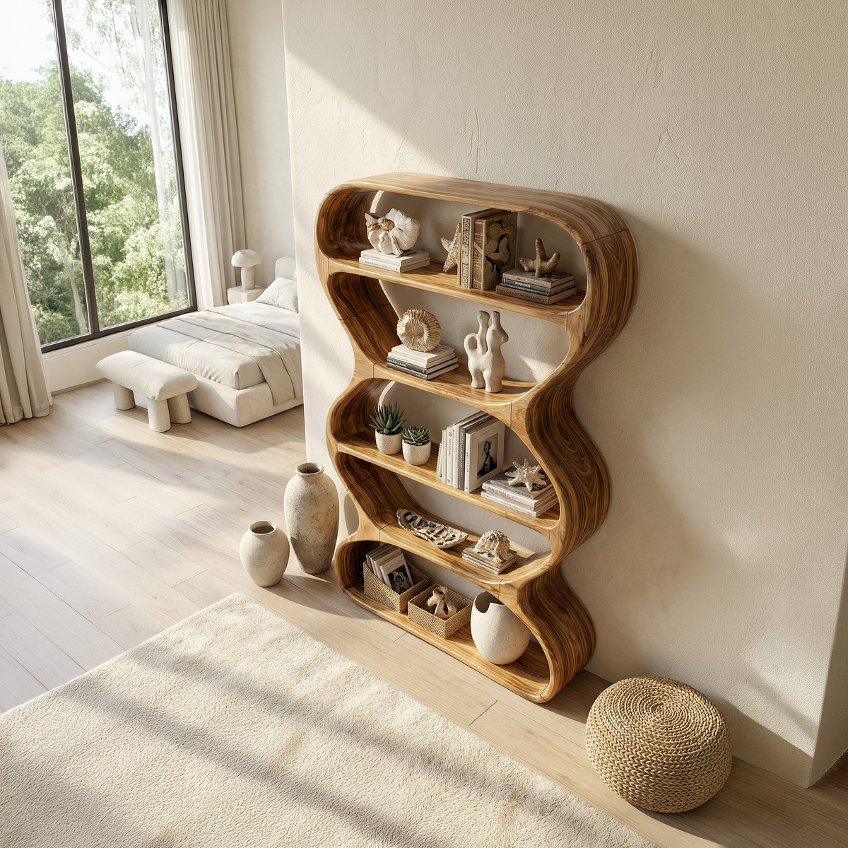 Contemporary Curved Bookshelf, solid wood, built to order, view 2