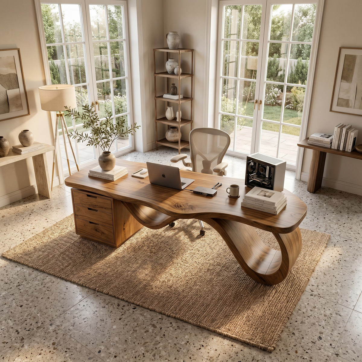 Contemporary Wave Base Executive Desk Design Studio, solid wood, built to order, view 2