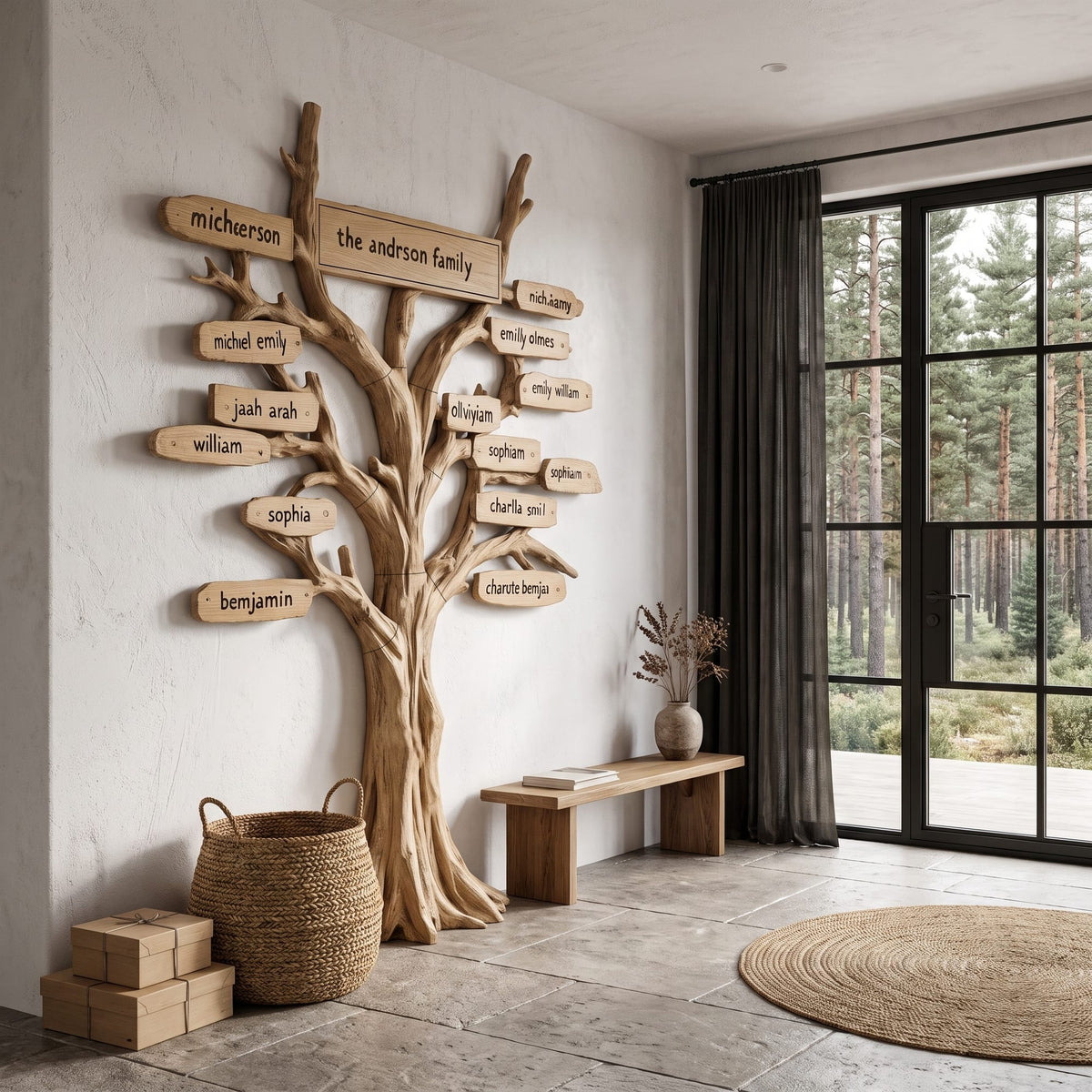 Contemporary Family Tree Wall Art with Custom Name Plaques, solid wood, built to order