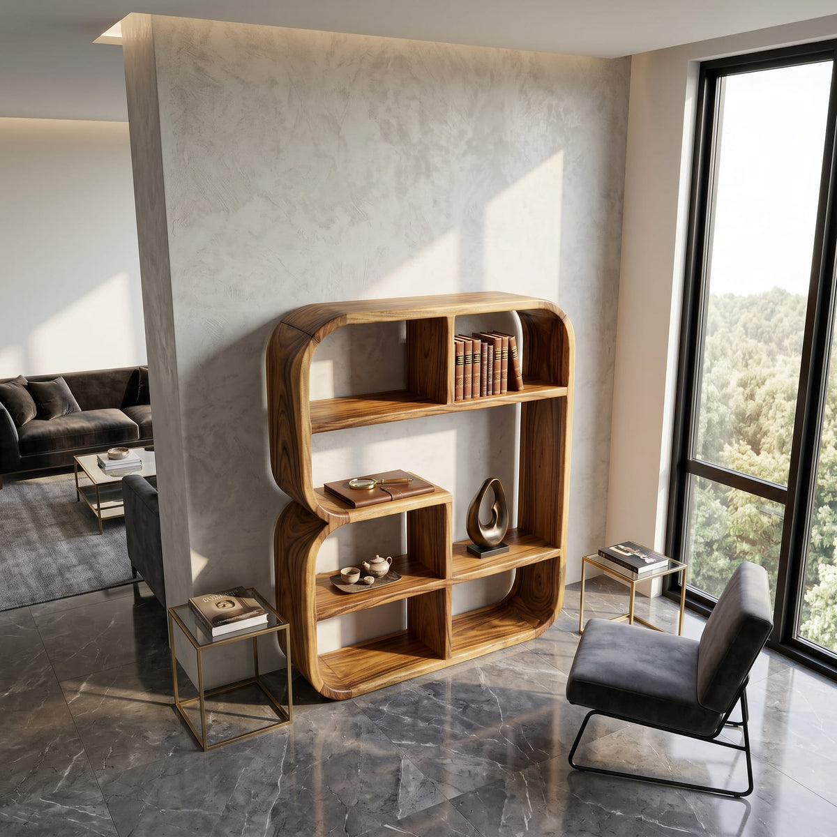 Modern Curved Bookshelf in Style, solid wood, built to order