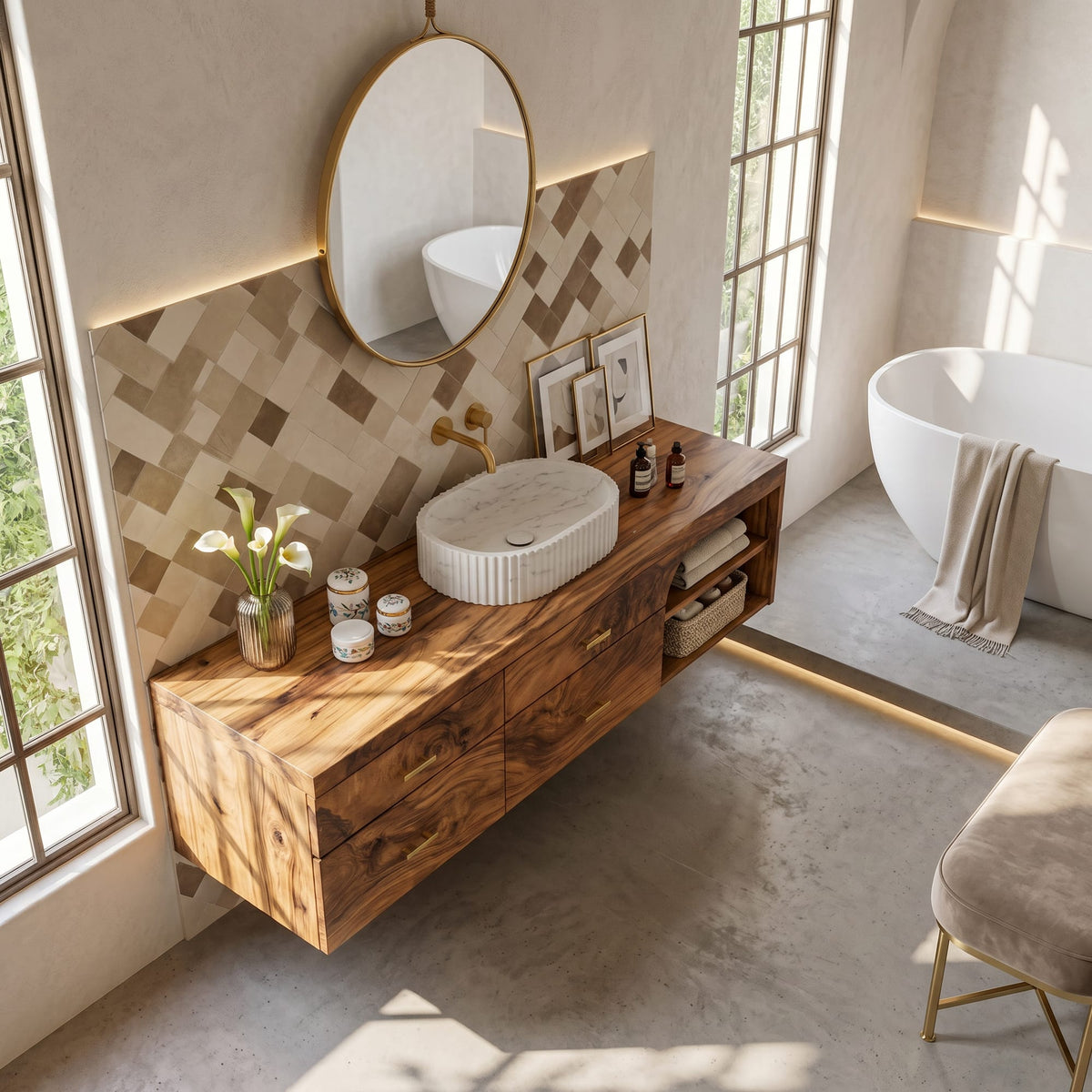 Farmhouse Bathroom Furniture with Floating Vanity, solid wood, built to order