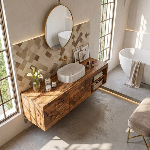 Farmhouse Bathroom Furniture with Floating Vanity, solid wood, built to order