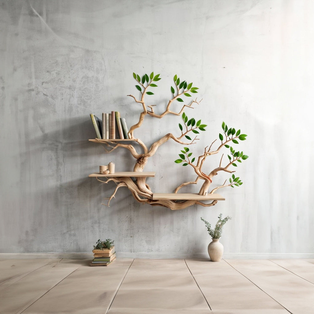 Driftwood Branch Shelves Carving Floating Bookshelf Wall, solid wood, built to order