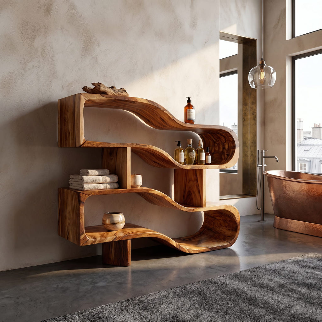 Modern Architectural Display Shelf with Floating Curves, solid wood, built to order