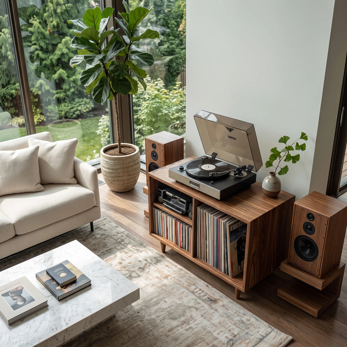 Minimalist Record Player Cabinet with Three Open Shelves, solid wood, built to order, view 2