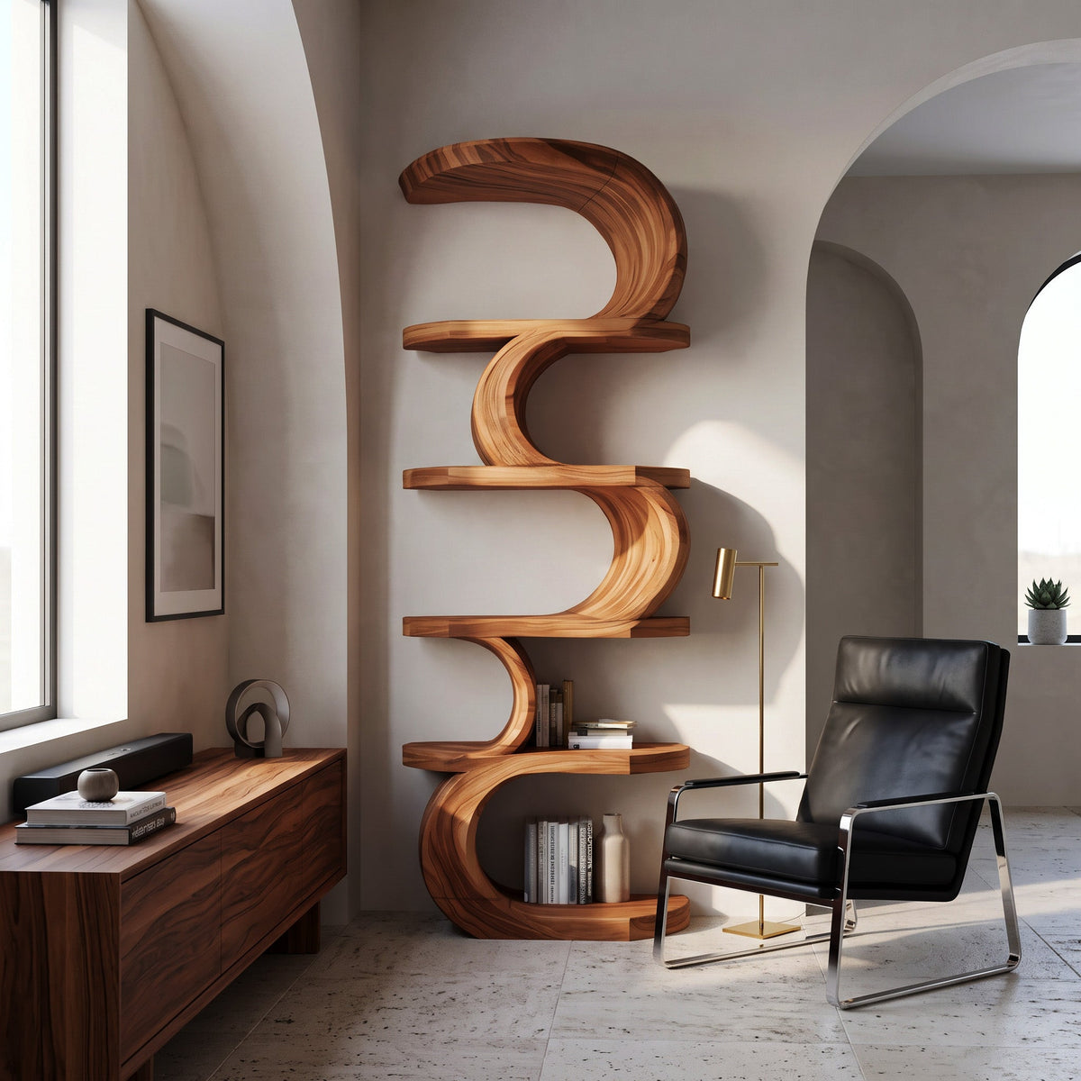 Modern Curved Bookshelf, solid wood, built to order