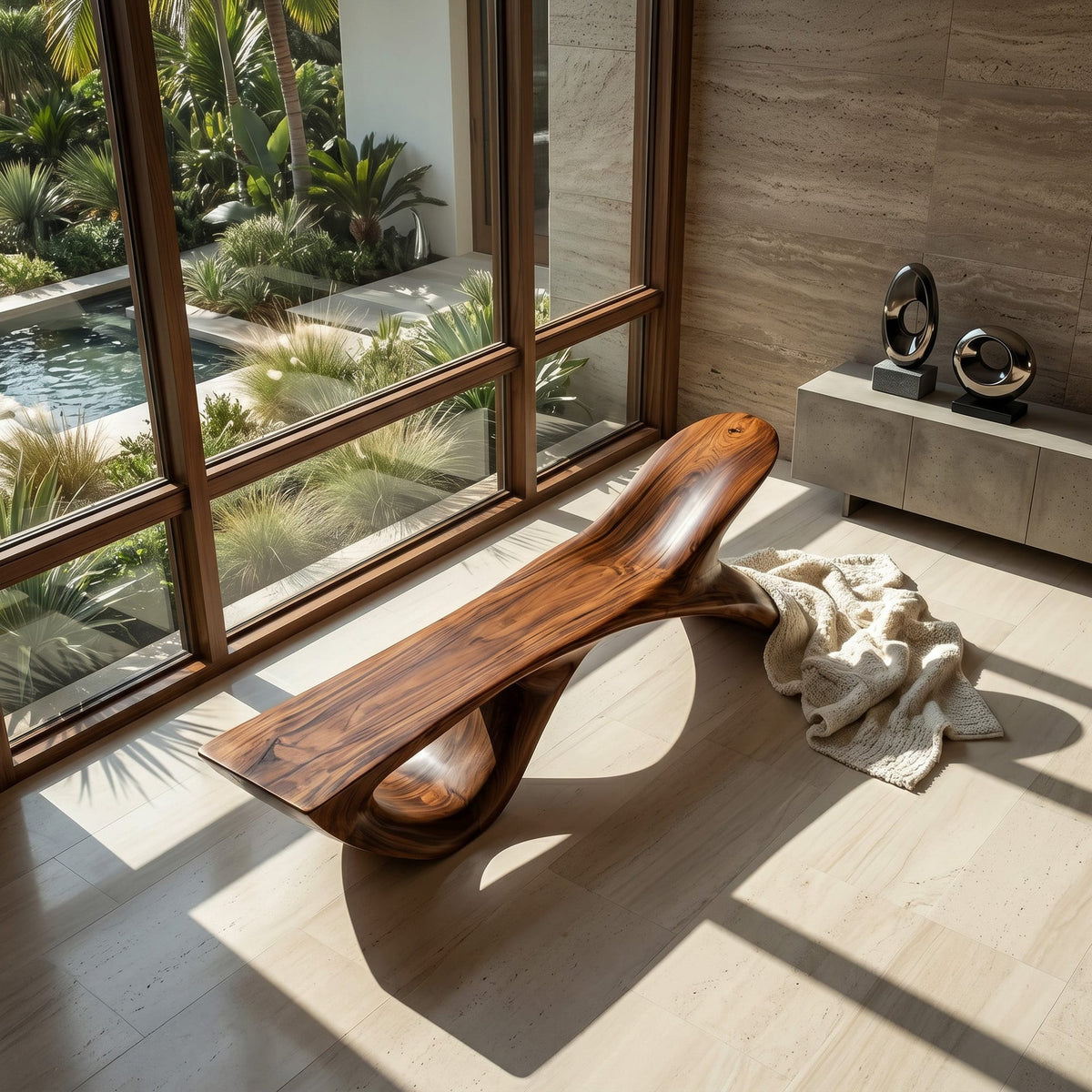 Wooden Bench with Fish Tail Shape, solid wood, built to order