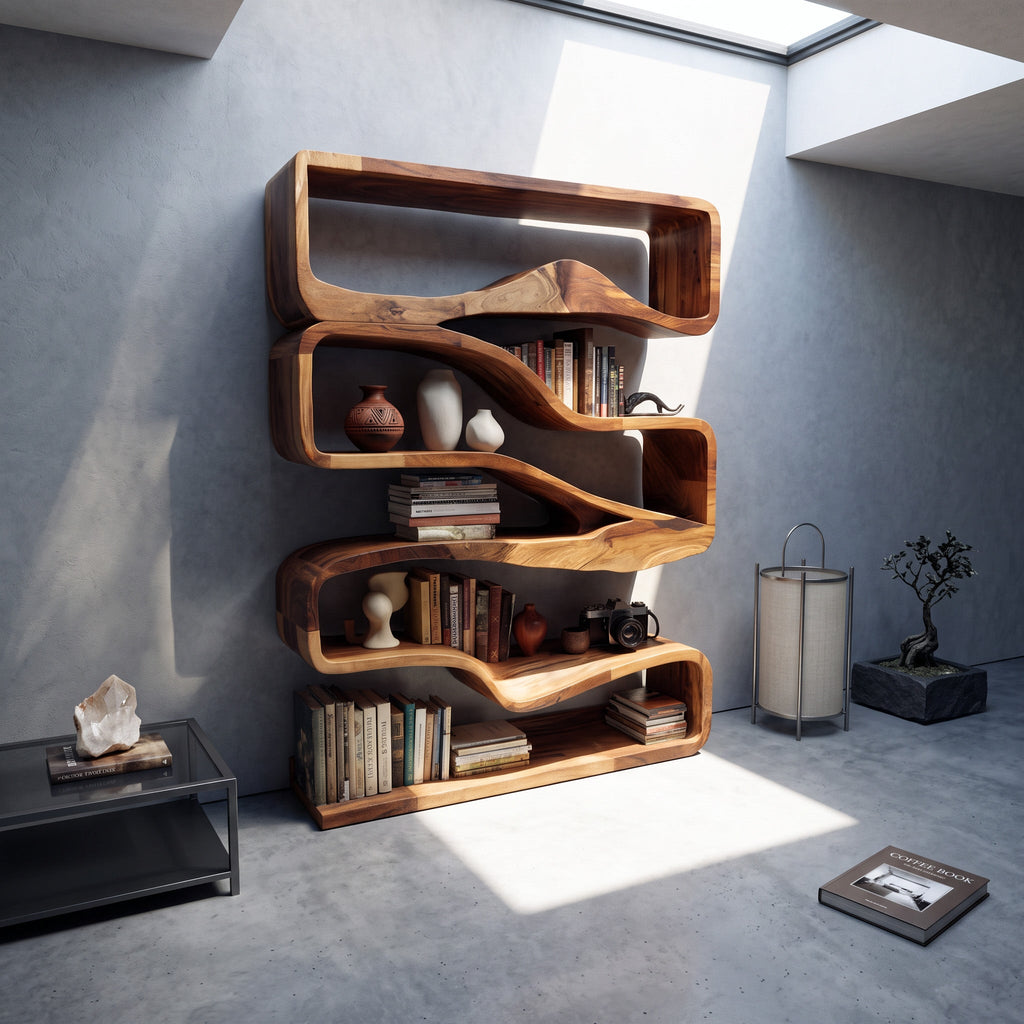 Modern Curved Bookshelf with Flowing Design, solid wood, built to order
