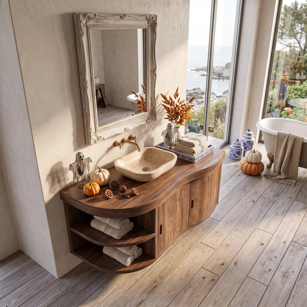 Mid Century Wall Mounted Bathroom Vanity, solid wood, built to order