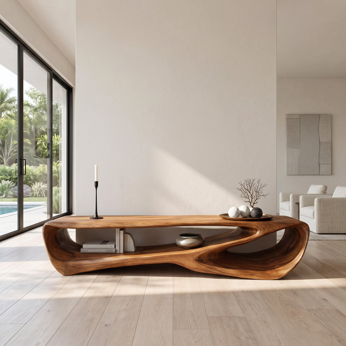 Minimal Curved TV Console, solid wood, built to order, view 3