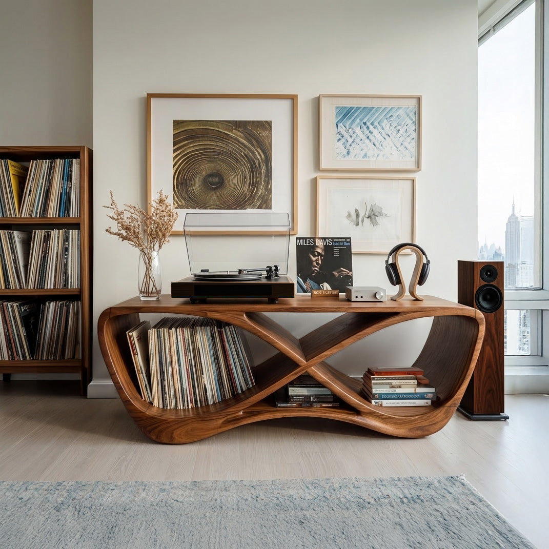 Contemporary Curved Record Player Console, solid wood, built to order, view 2