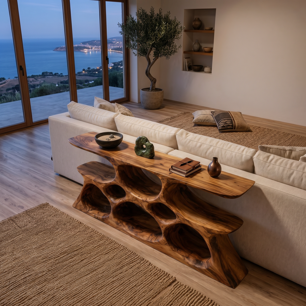 Elegant Wooden Console Table with Sculptural Shelves, solid wood, built to order, view 2