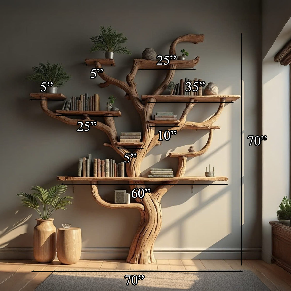 Corner Branch Shelf Wood Bookcase Wall Mounted, solid wood, built to order