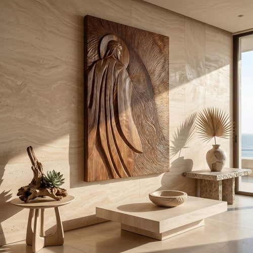 Contemporary Wall Art with Carved Figure, solid wood, built to order