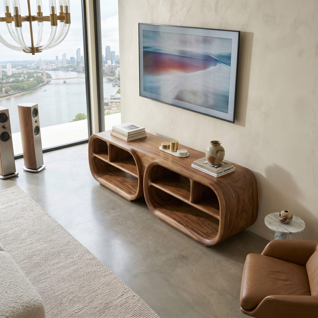 TV Console Architectural Wood Design, solid wood, built to order