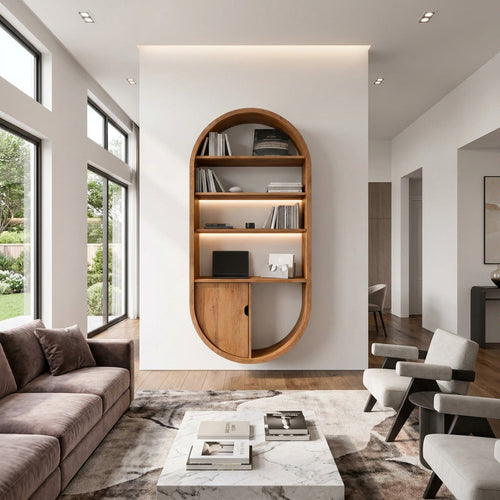 Arched Wooden Wall Bookshelf with Cabinet & Lighting, solid wood, built to order, view 2