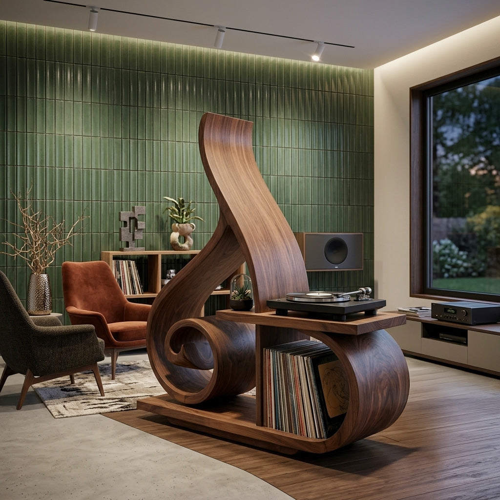 Contemporary Sculptural Record Player Stand, solid wood, built to order, view 2
