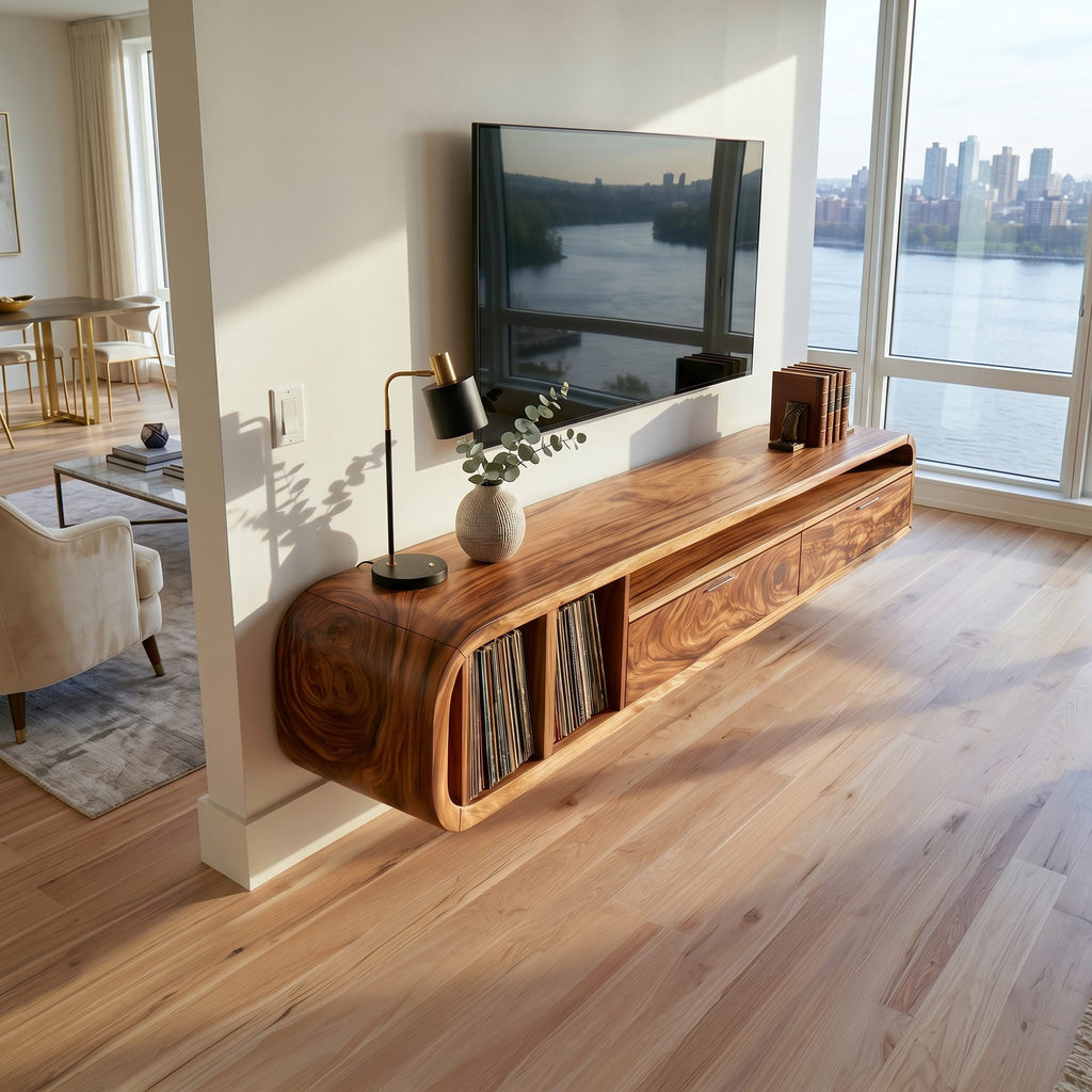 Floating Walnut TV Cabinet Vinyl Record Storage, solid wood, built to order