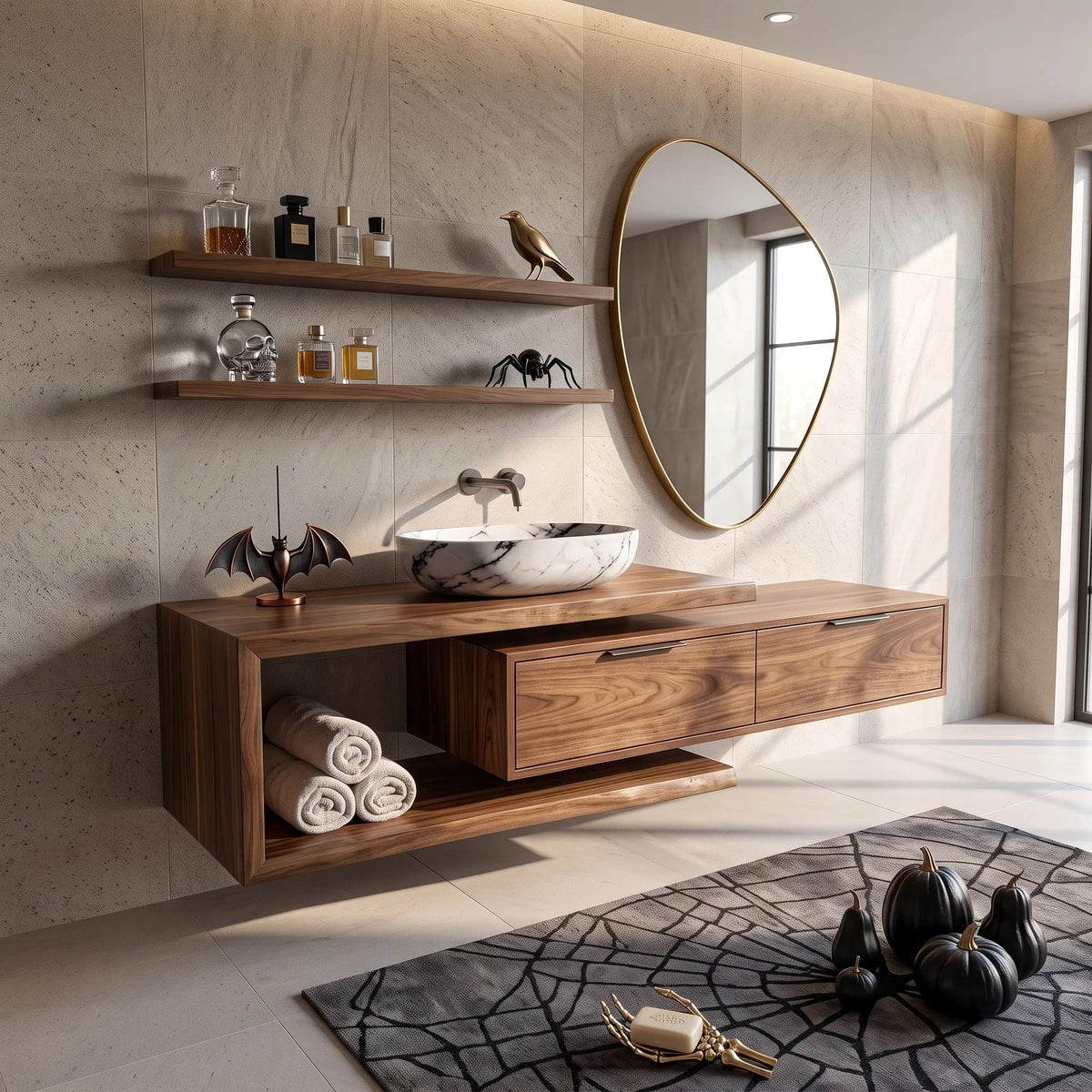 Handcrafted Mid Century Floating Vanity Primary Ensuite, solid wood, built to order