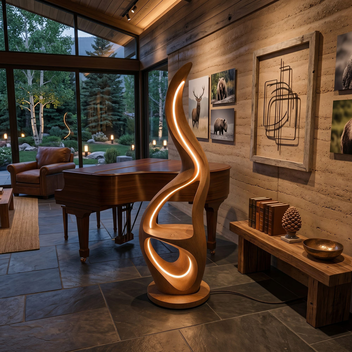 Contemporary Ring Lamp with Table, solid wood, built to order