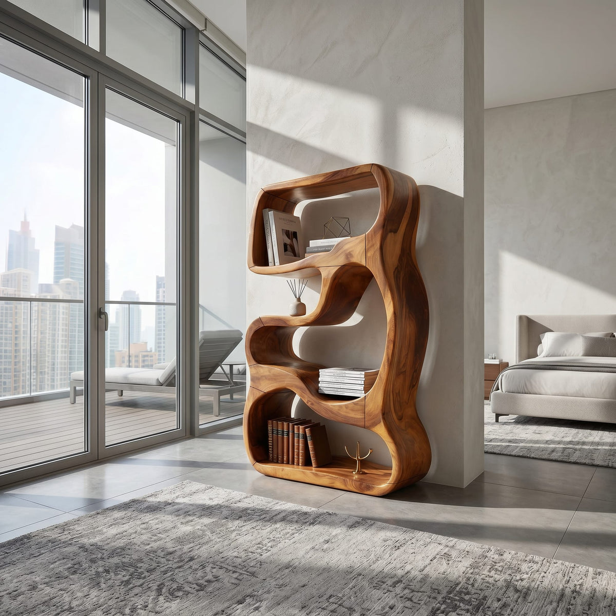 Minimalist Bookshelf Featuring Curved Side Panels, solid wood, built to order