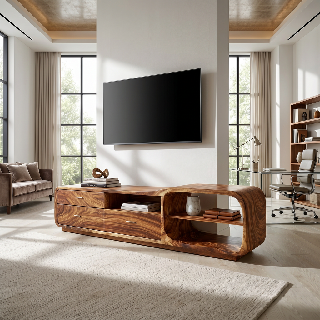 Curved Organic TV Stand Designer Residence, solid wood, built to order, view 2