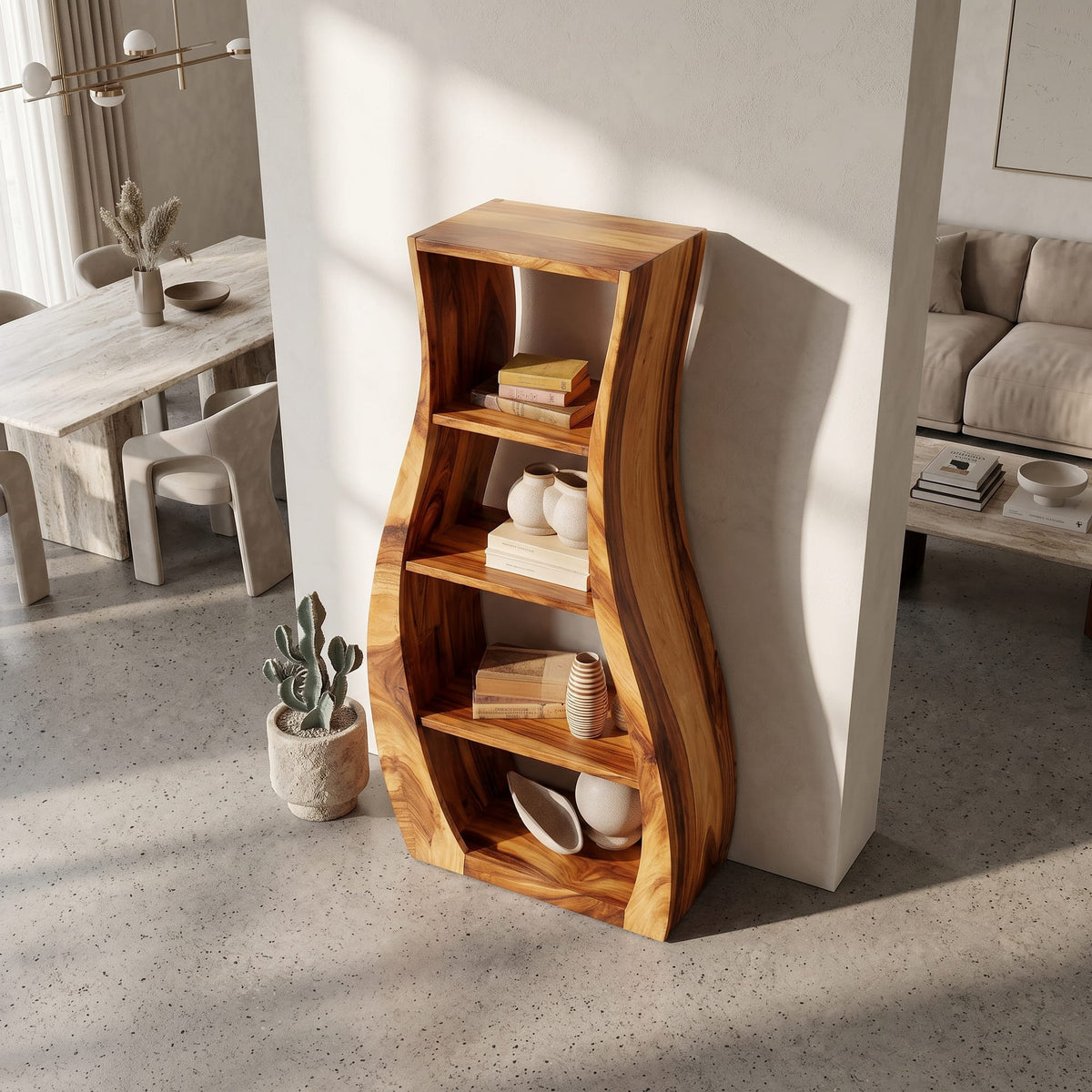 Minimalist Sculpted Accent Shelf with Flowing Silhouette, solid wood, built to order