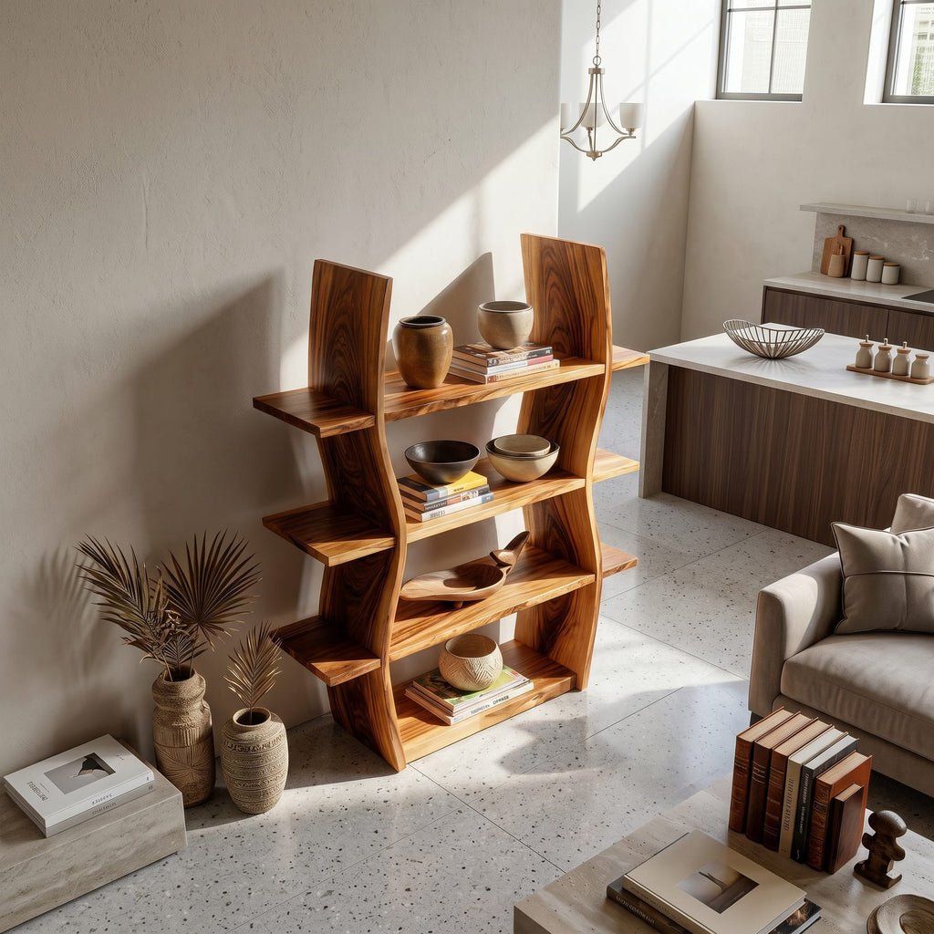 Elegant Wooden Storage Shelf in Wave Design, solid wood, built to order