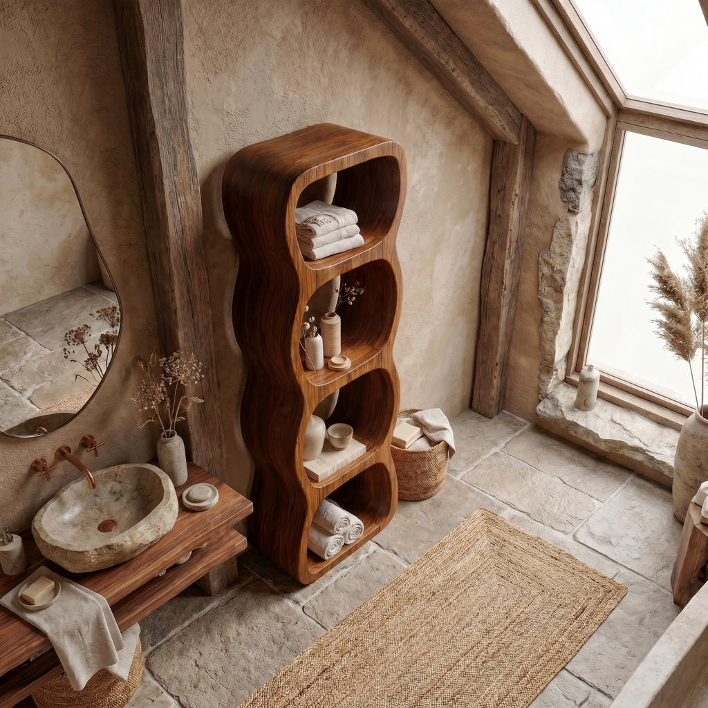 Rustic Bathroom Cabinet with Curved Wave Shape Design, solid wood, built to order, view 2