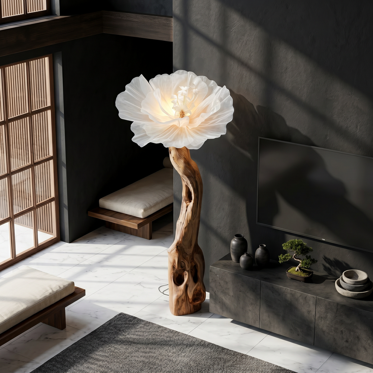 Organic Modern Floor Lamp Flower Sculpture, solid wood, built to order, view 2
