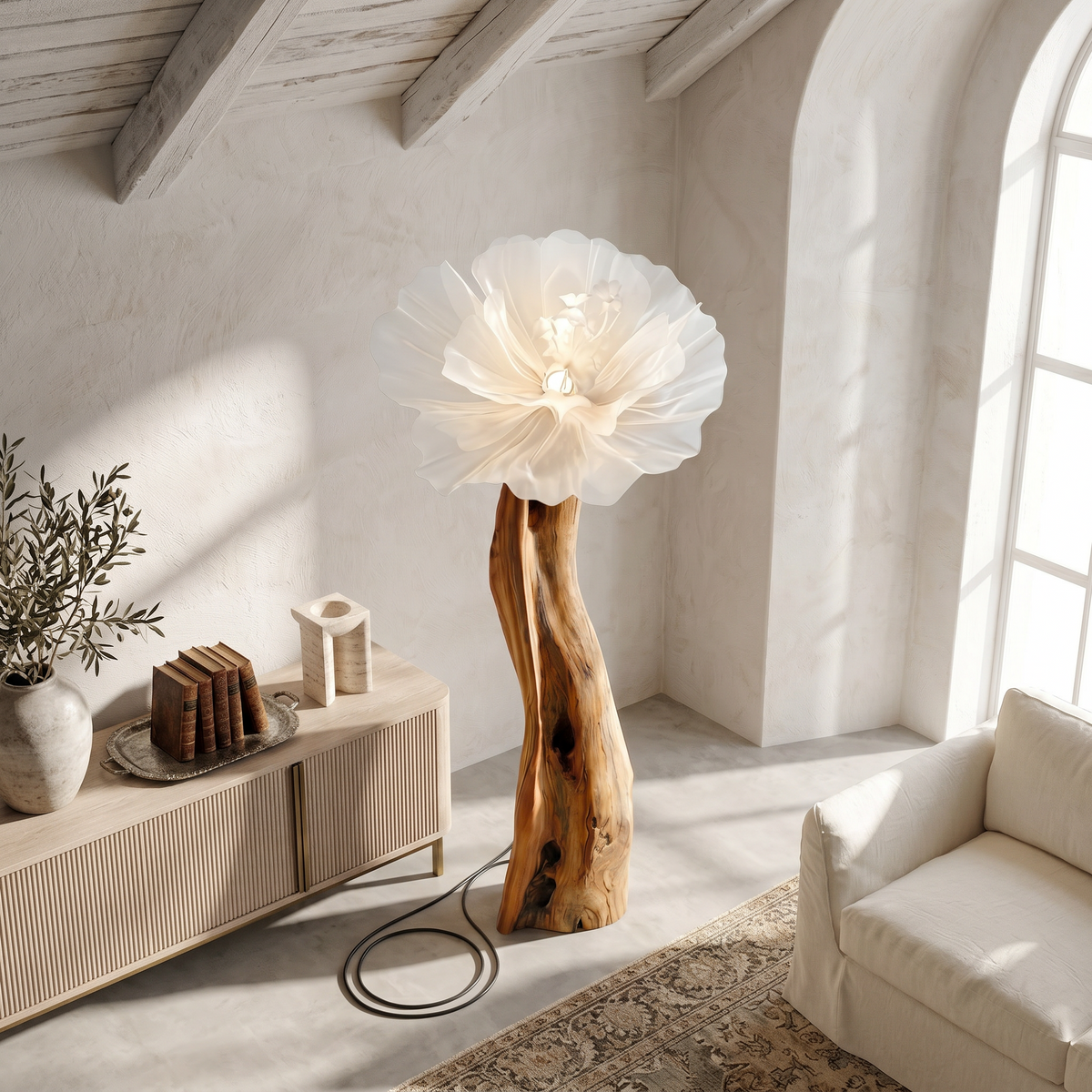 Artistic Flower Floor Lamp Sculptural Base, solid wood, built to order, view 2