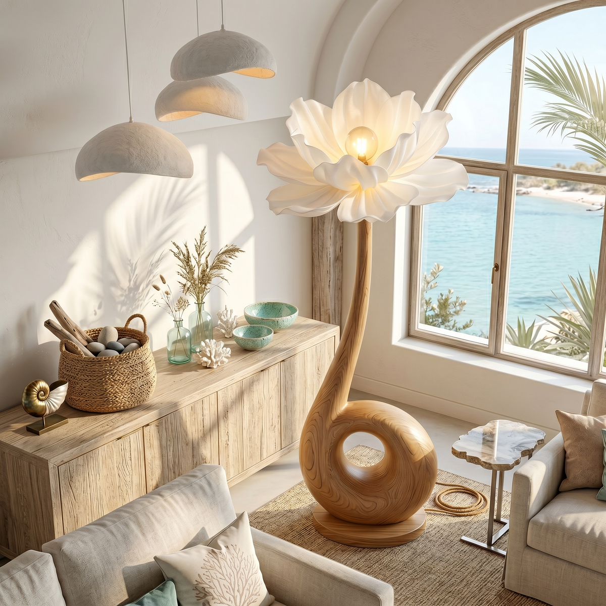 Modern Floor Lamp with Sculptural Loop Base and Floral Shade, solid wood, built to order, view 3