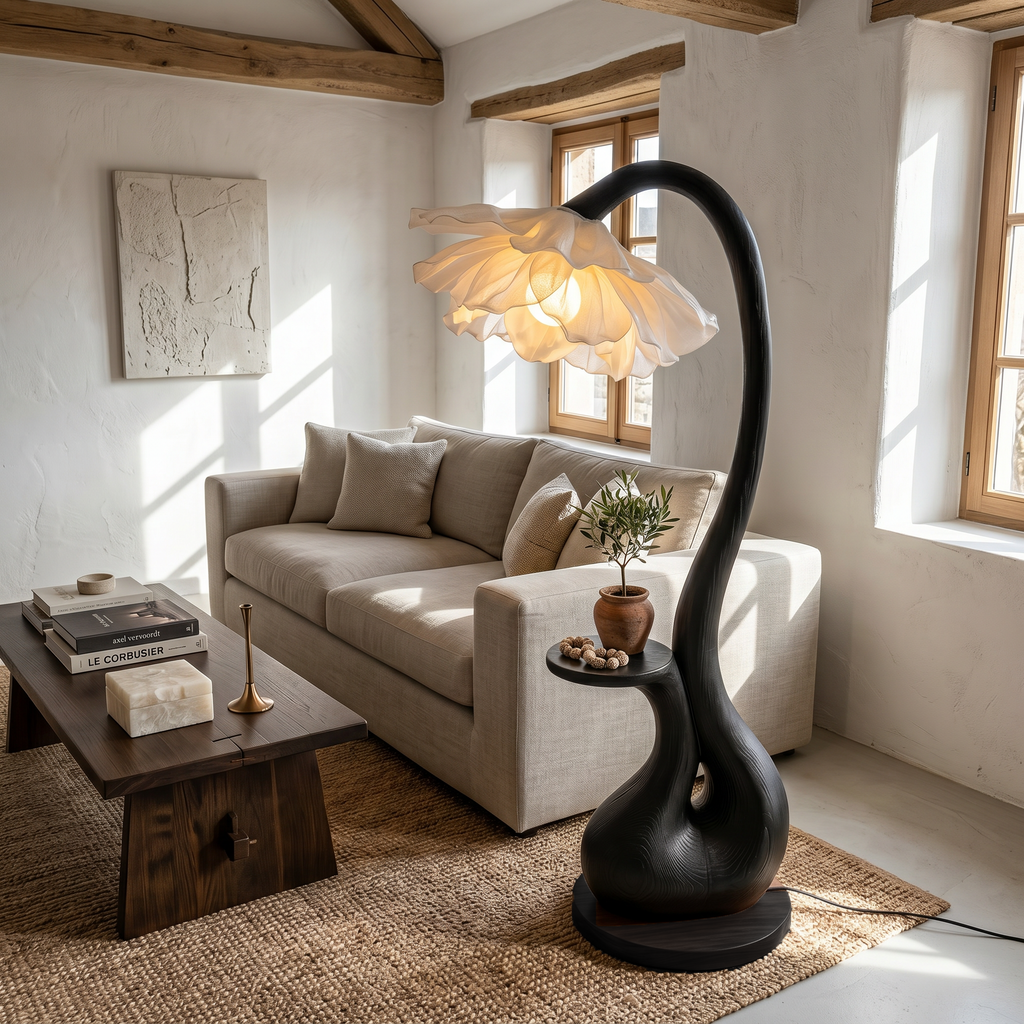 Modern Floor Lamp with Sculptural Curved Base and Display Shelf, solid wood, built to order, view 2