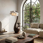 Artistic Floor Lamp with Sculptural Organic Base and Integrated Shelf, solid wood, built to order