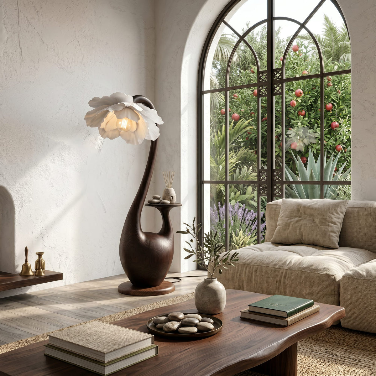 Artistic Floor Lamp with Sculptural Organic Base and Integrated Shelf, solid wood, built to order