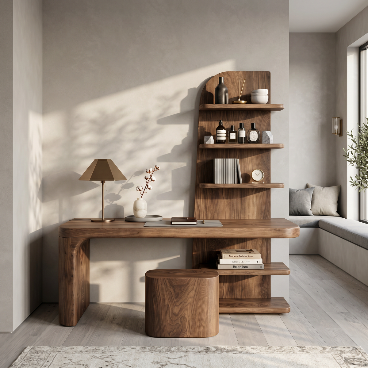 Minimal Desk with Built in Bookcase and Drawers, solid wood, built to order, view 2
