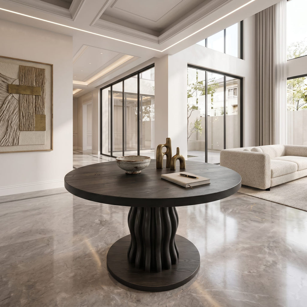 Contemporary Round Entryway Table with Wavy Vertical Form, solid wood, built to order