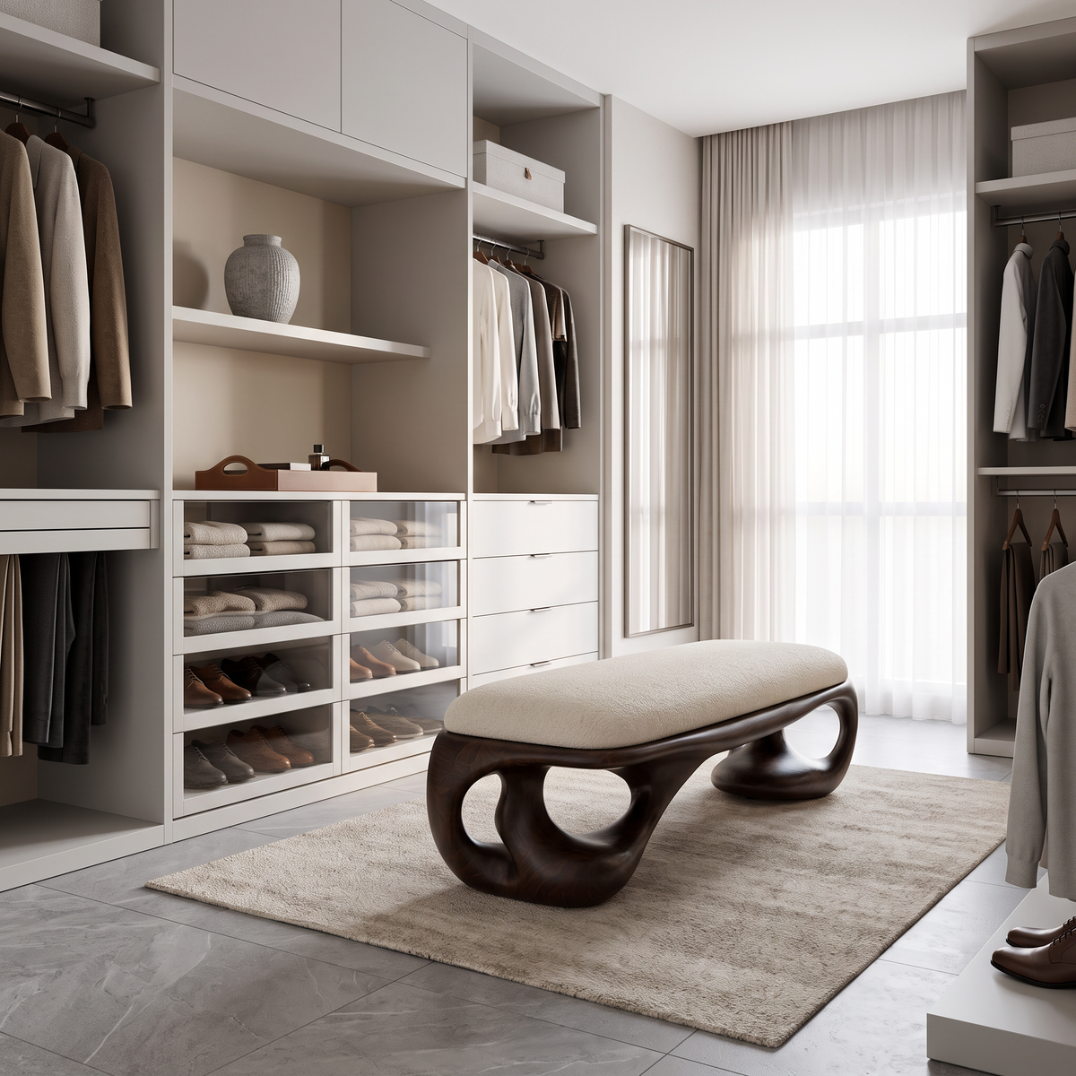 Modern Upholstered Bench with Sculptural Curved Frame, solid wood, built to order, view 3